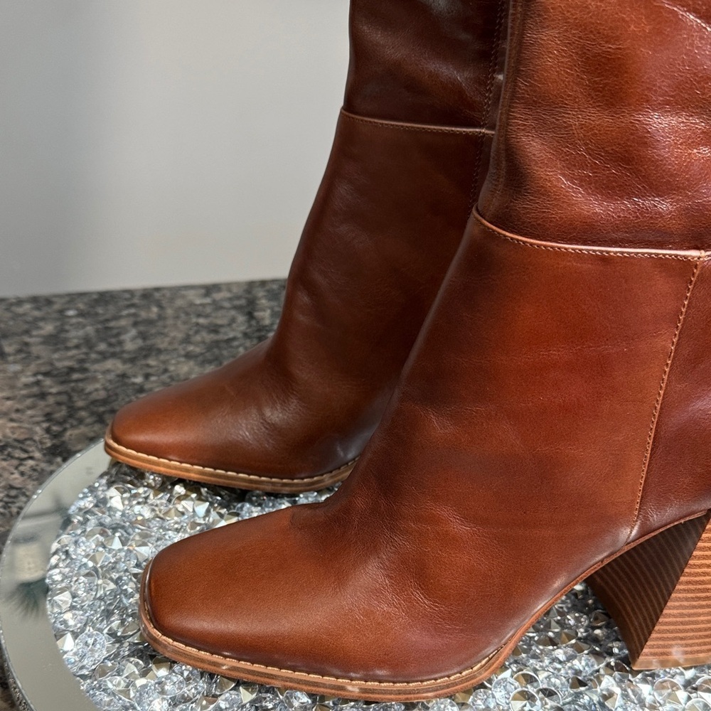 Nine West Brown Leather block heel square toe Heeled knee high Boots NEW 9 - Picture 5 of 10